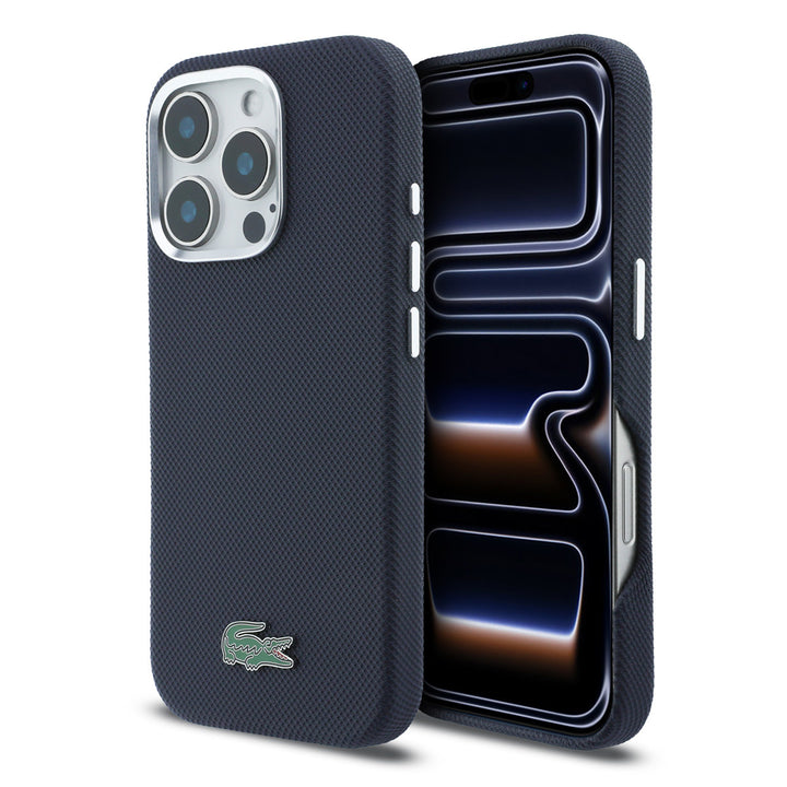 Lacoste iPhone 16 Pro Max Backcover hoesje - MagSafe - Metal Edges - Iconic Petit Pique Logo - Navy-Hoesjes-Ilumina Benelux