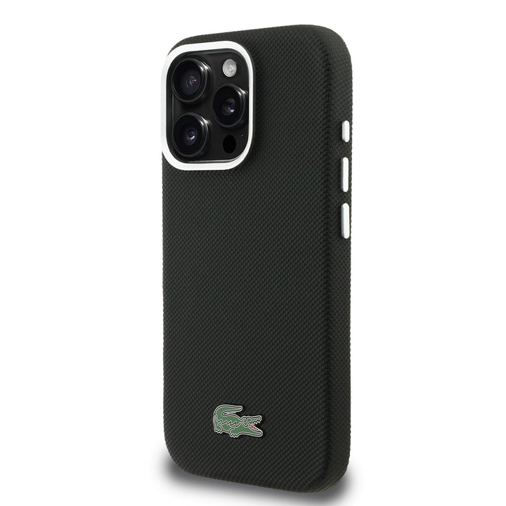 Lacoste iPhone 16 Pro Max Backcover hoesje - MagSafe - Metal Edges - Iconic Petit Pique Logo - Zwart-Hoesjes-Ilumina Benelux