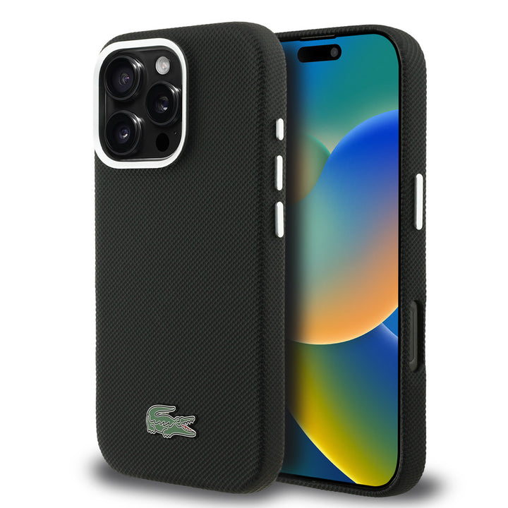 Lacoste iPhone 16 Pro Max Backcover hoesje - MagSafe - Metal Edges - Iconic Petit Pique Logo - Zwart-Hoesjes-Ilumina Benelux