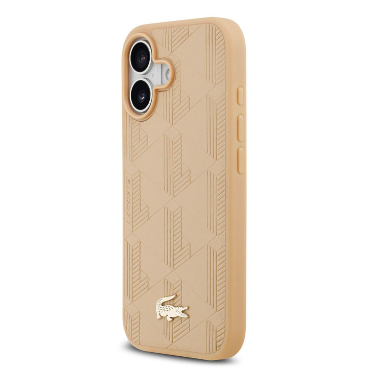 Lacoste iPhone 17 Backcover hoesje - MagSafe - Monogramme Print With Gold Logo - Beige-Hoesjes-Ilumina Benelux