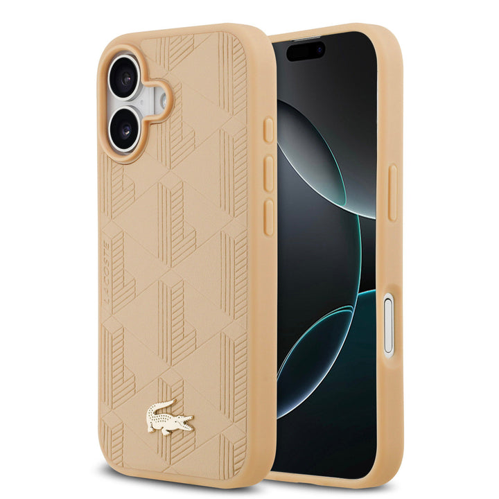 Lacoste iPhone 17 Backcover hoesje - MagSafe - Monogramme Print With Gold Logo - Beige-Hoesjes-Ilumina Benelux