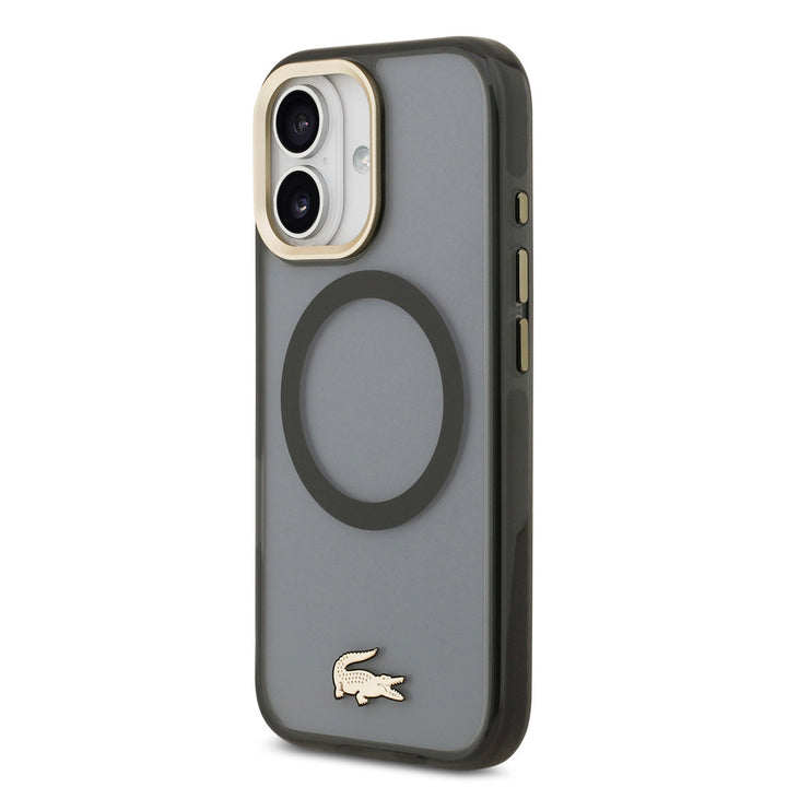 Lacoste iPhone 17 Backcover hoesje - MagSafe - Transparent Case With Frosted Finish - Gold Edge - Zwart-Hoesjes-Ilumina Benelux