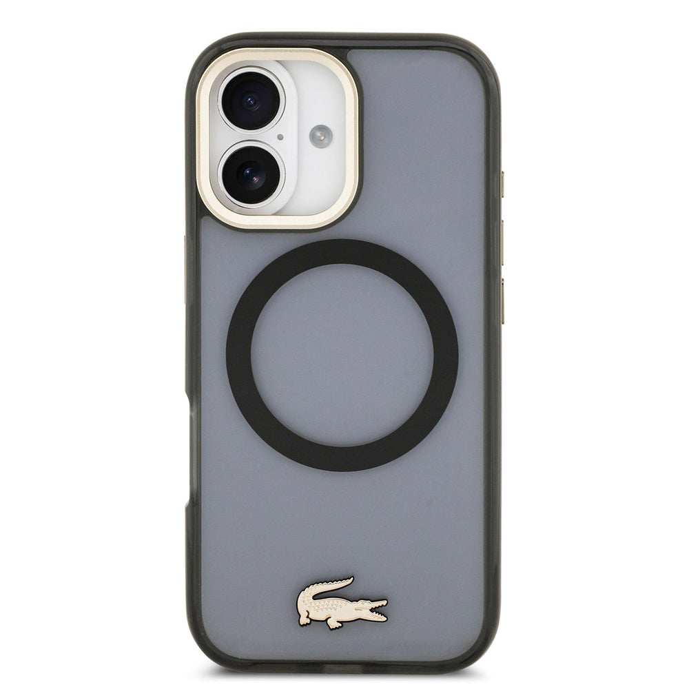 Lacoste iPhone 17 Backcover hoesje - MagSafe - Transparent Case With Frosted Finish - Gold Edge - Zwart-Hoesjes-Ilumina Benelux