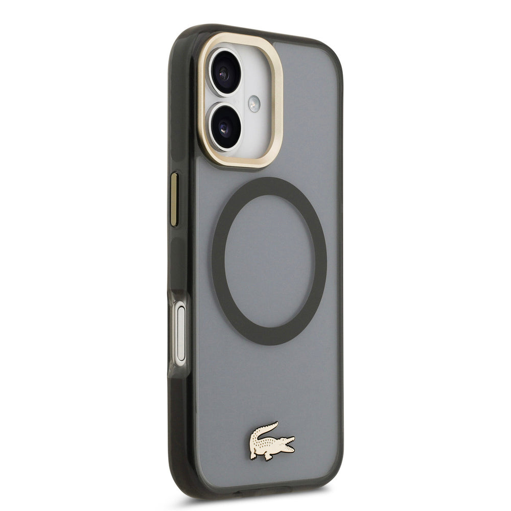 Lacoste iPhone 17 Backcover hoesje - MagSafe - Transparent Case With Frosted Finish - Gold Edge - Zwart-Hoesjes-Ilumina Benelux