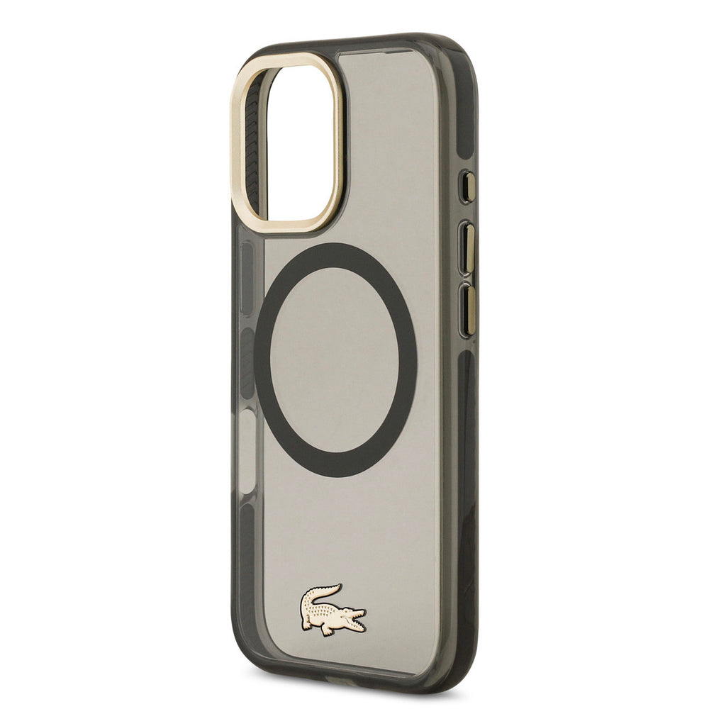 Lacoste iPhone 17 Backcover hoesje - MagSafe - Transparent Case With Frosted Finish - Gold Edge - Zwart-Hoesjes-Ilumina Benelux