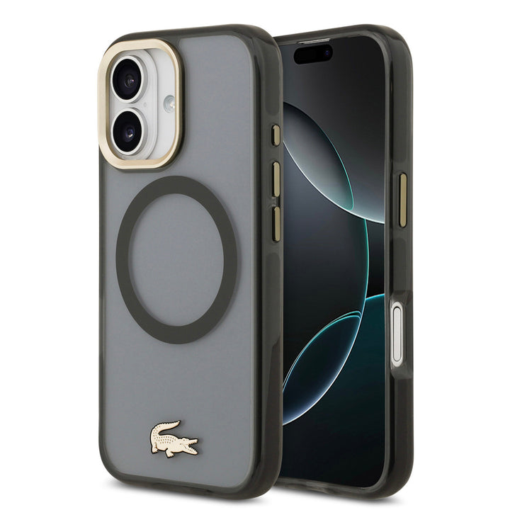 Lacoste iPhone 17 Backcover hoesje - MagSafe - Transparent Case With Frosted Finish - Gold Edge - Zwart-Hoesjes-Ilumina Benelux