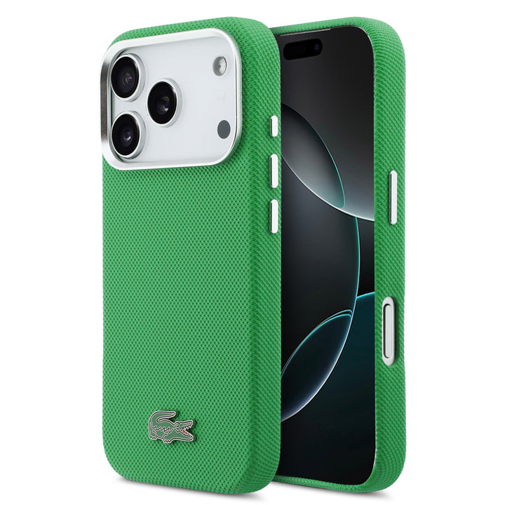 Lacoste iPhone 17 Pro Backcover hoesje - MagSafe - Metal Edges - Iconic Petit Pique Logo - Estragon Green-Hoesjes-Ilumina Benelux
