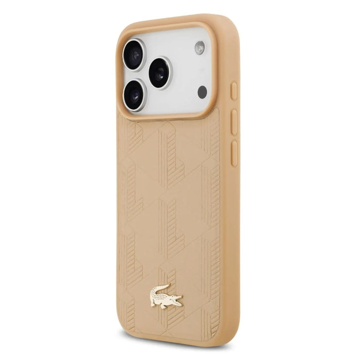 Lacoste iPhone 17 Pro Backcover hoesje - MagSafe - Monogramme Print With Gold Logo - Beige-Hoesjes-Ilumina Benelux