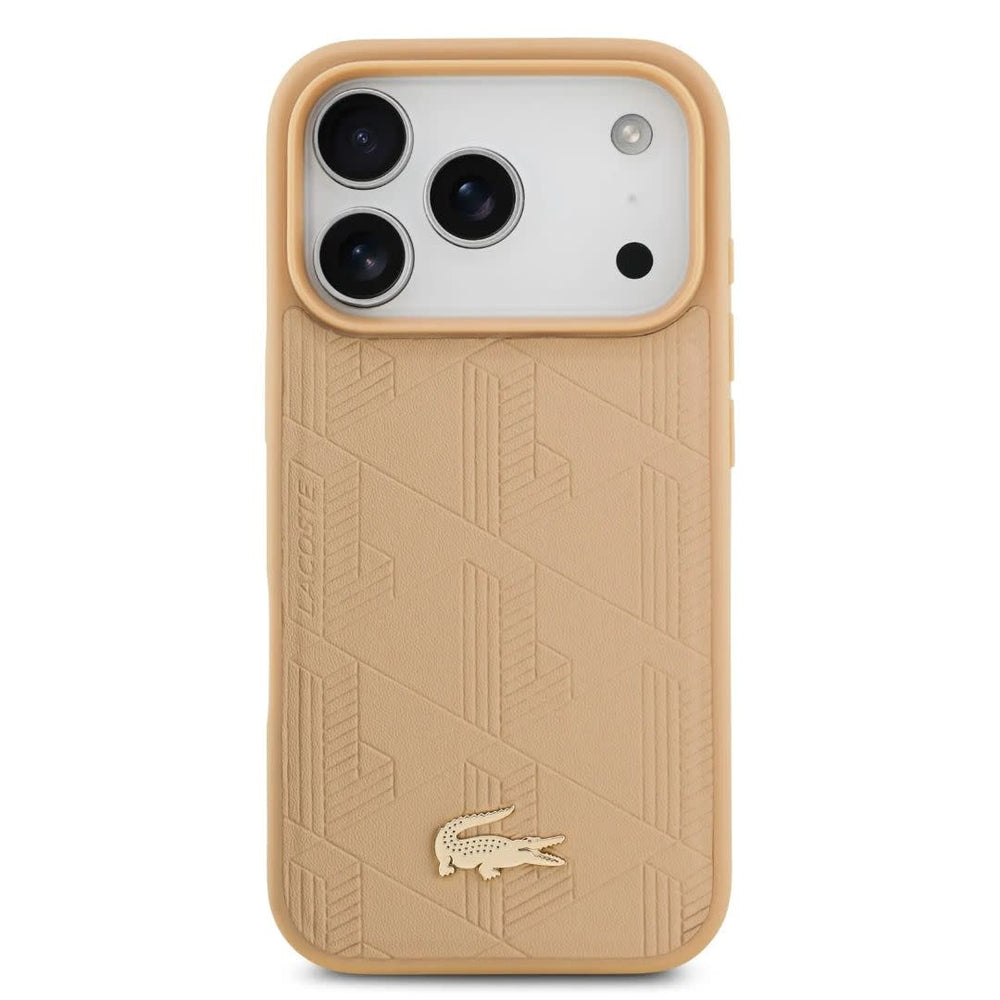 Lacoste iPhone 17 Pro Backcover hoesje - MagSafe - Monogramme Print With Gold Logo - Beige-Hoesjes-Ilumina Benelux