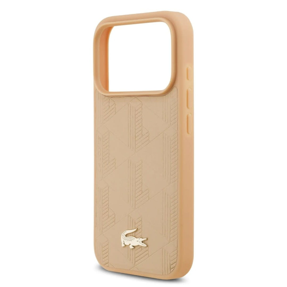 Lacoste iPhone 17 Pro Backcover hoesje - MagSafe - Monogramme Print With Gold Logo - Beige-Hoesjes-Ilumina Benelux