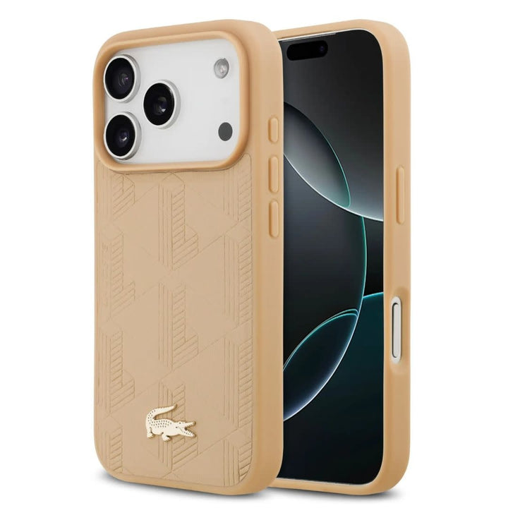 Lacoste iPhone 17 Pro Backcover hoesje - MagSafe - Monogramme Print With Gold Logo - Beige-Hoesjes-Ilumina Benelux