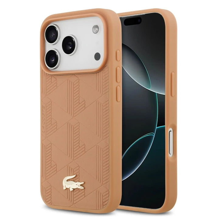 Lacoste iPhone 17 Pro Backcover hoesje - MagSafe - Monogramme Print With Gold Logo - Roze-Hoesjes-Ilumina Benelux
