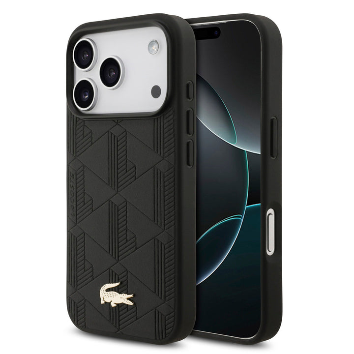 Lacoste iPhone 17 Pro Backcover hoesje - MagSafe - Monogramme Print With Gold Logo - Zwart-Hoesjes-Ilumina Benelux