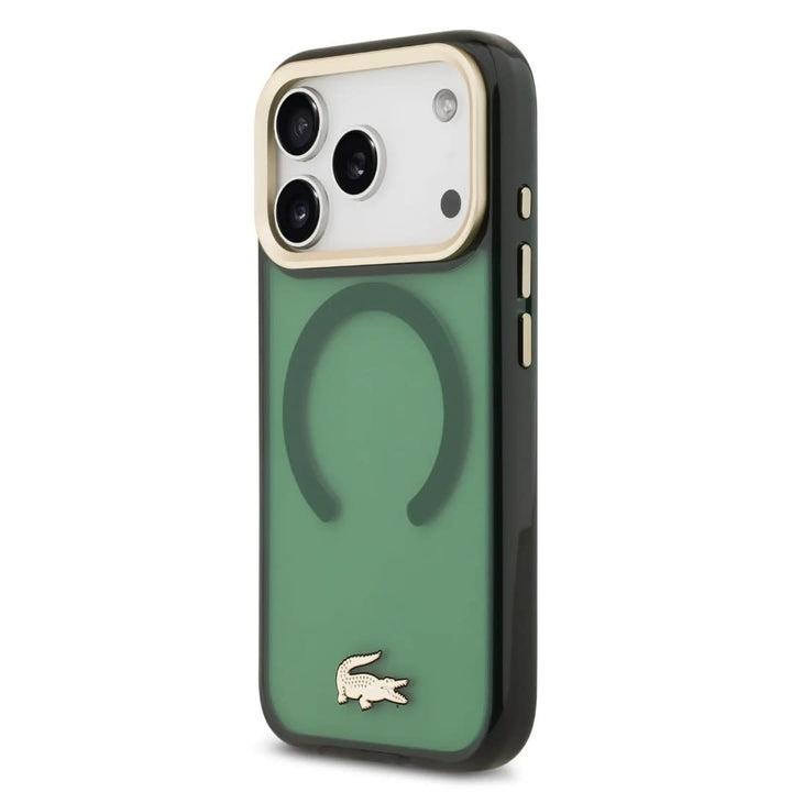 Lacoste iPhone 17 Pro Backcover hoesje - MagSafe - Transparent Case With Frosted Finish - Gold Edge - Groen-Hoesjes-Ilumina Benelux