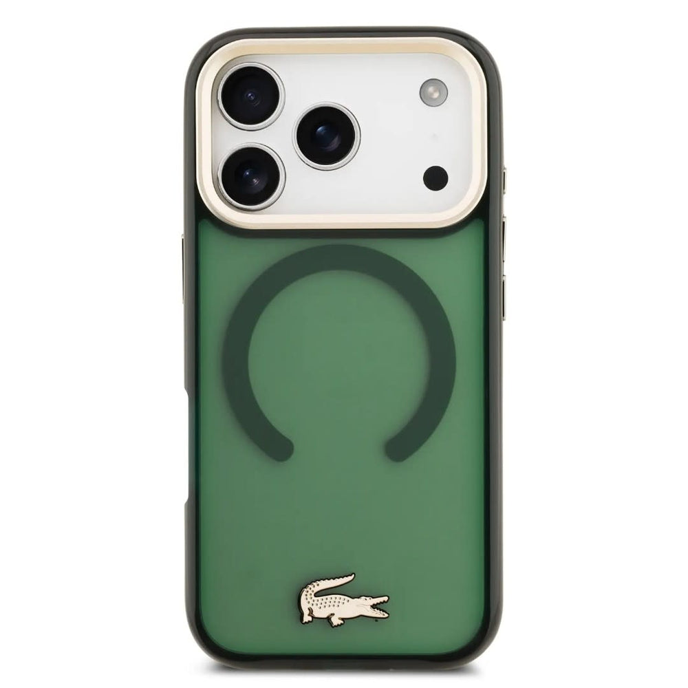 Lacoste iPhone 17 Pro Backcover hoesje - MagSafe - Transparent Case With Frosted Finish - Gold Edge - Groen-Hoesjes-Ilumina Benelux