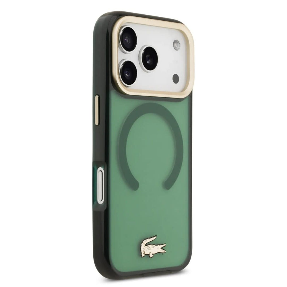Lacoste iPhone 17 Pro Backcover hoesje - MagSafe - Transparent Case With Frosted Finish - Gold Edge - Groen-Hoesjes-Ilumina Benelux