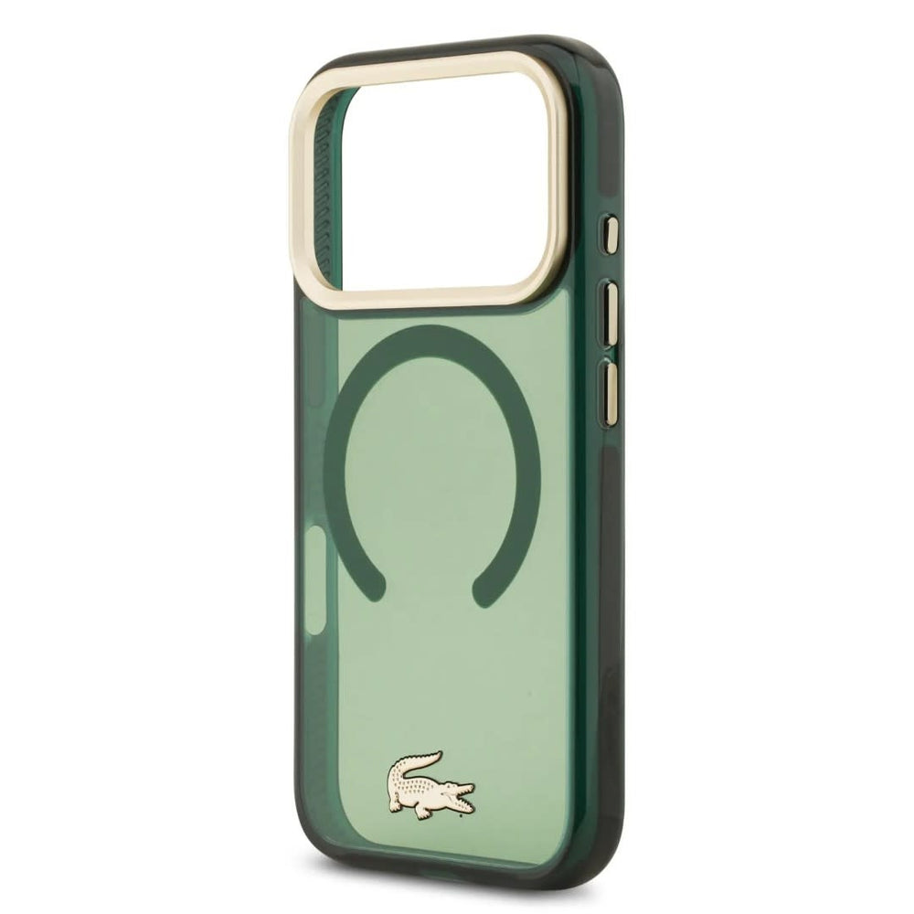 Lacoste iPhone 17 Pro Backcover hoesje - MagSafe - Transparent Case With Frosted Finish - Gold Edge - Groen-Hoesjes-Ilumina Benelux