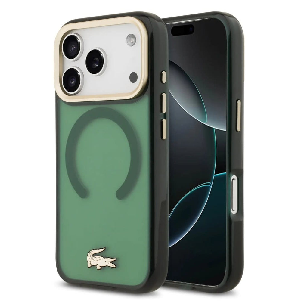 Lacoste iPhone 17 Pro Backcover hoesje - MagSafe - Transparent Case With Frosted Finish - Gold Edge - Groen-Hoesjes-Ilumina Benelux