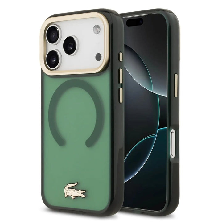 Lacoste iPhone 17 Pro Backcover hoesje - MagSafe - Transparent Case With Frosted Finish - Gold Edge - Groen-Hoesjes-Ilumina Benelux