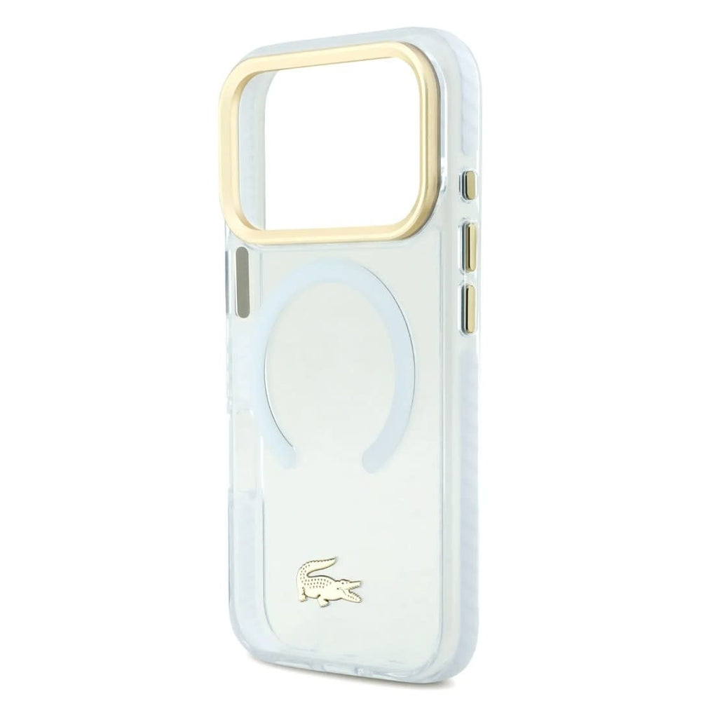 Lacoste iPhone 17 Pro Backcover hoesje - MagSafe - Transparent Case With Frosted Finish - Gold Edge - Wit-Hoesjes-Ilumina Benelux