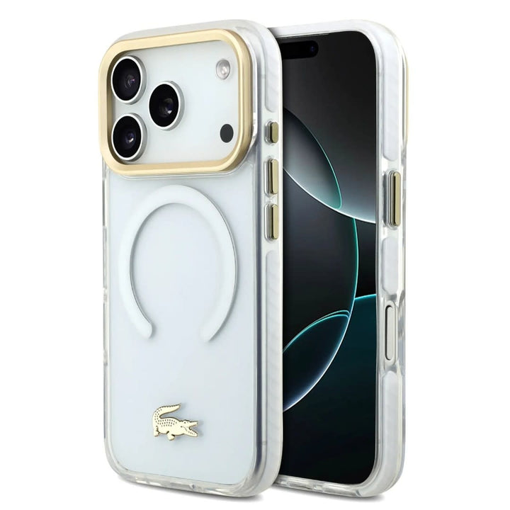 Lacoste iPhone 17 Pro Backcover hoesje - MagSafe - Transparent Case With Frosted Finish - Gold Edge - Wit-Hoesjes-Ilumina Benelux