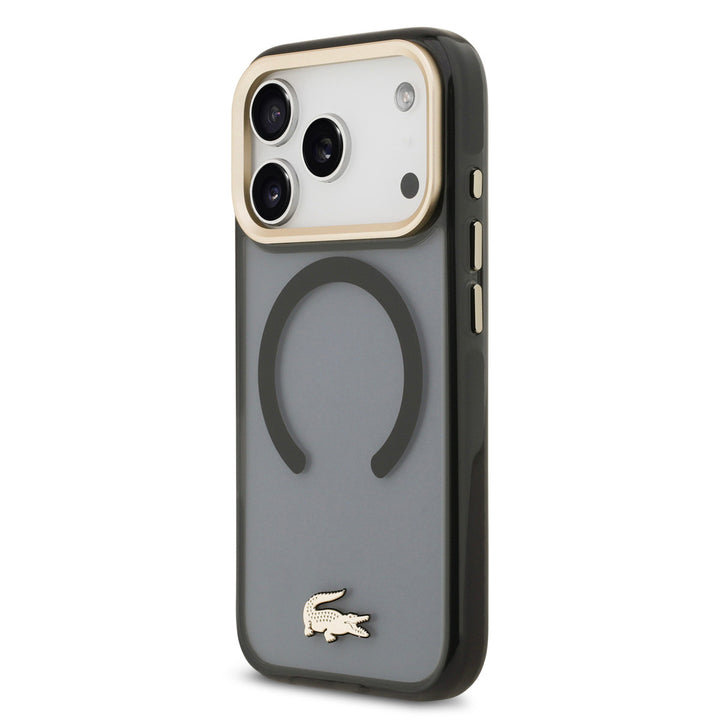Lacoste iPhone 17 Pro Backcover hoesje - MagSafe - Transparent Case With Frosted Finish - Gold Edge - Zwart-Hoesjes-Ilumina Benelux