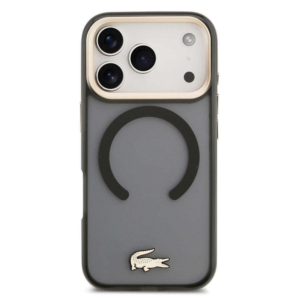 Lacoste iPhone 17 Pro Backcover hoesje - MagSafe - Transparent Case With Frosted Finish - Gold Edge - Zwart-Hoesjes-Ilumina Benelux