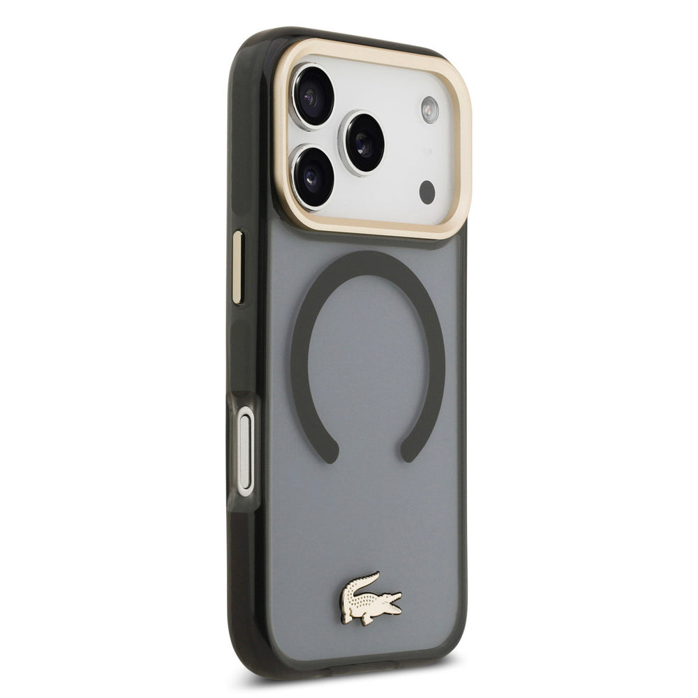 Lacoste iPhone 17 Pro Backcover hoesje - MagSafe - Transparent Case With Frosted Finish - Gold Edge - Zwart-Hoesjes-Ilumina Benelux