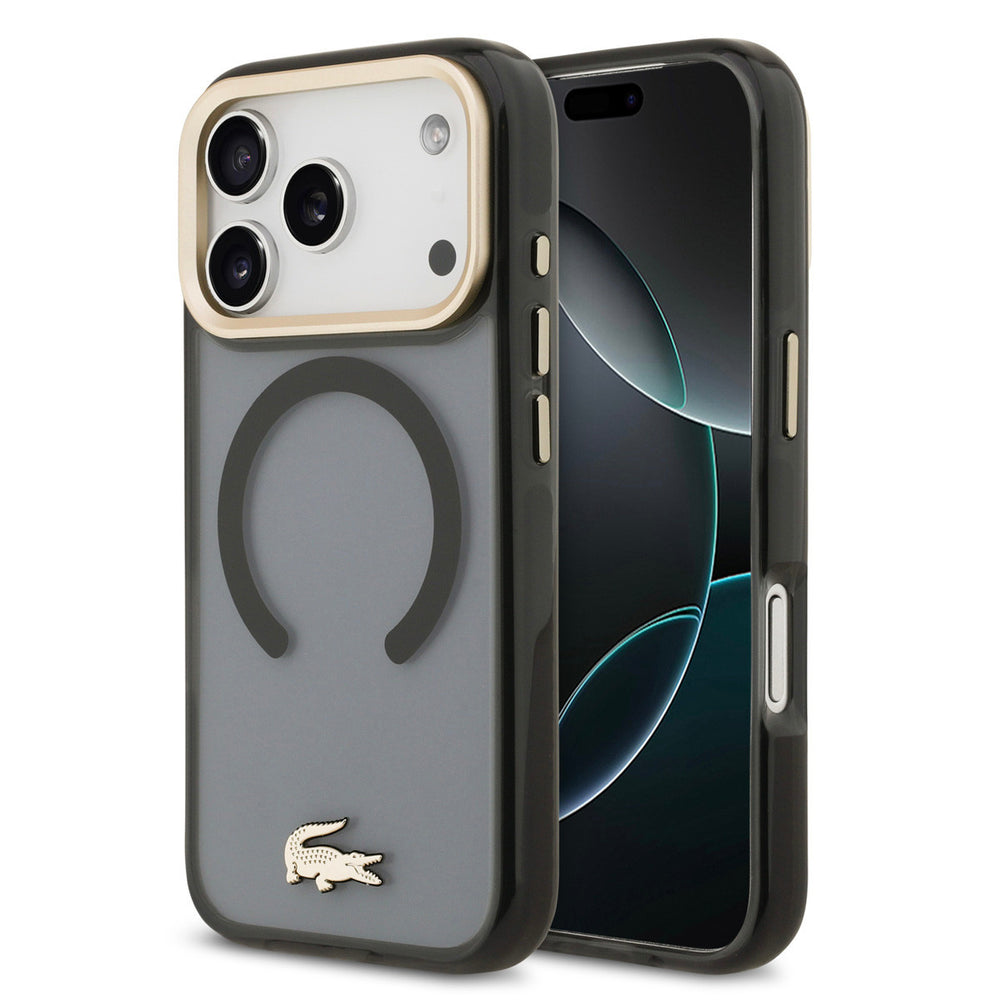 Lacoste iPhone 17 Pro Backcover hoesje - MagSafe - Transparent Case With Frosted Finish - Gold Edge - Zwart-Hoesjes-Ilumina Benelux
