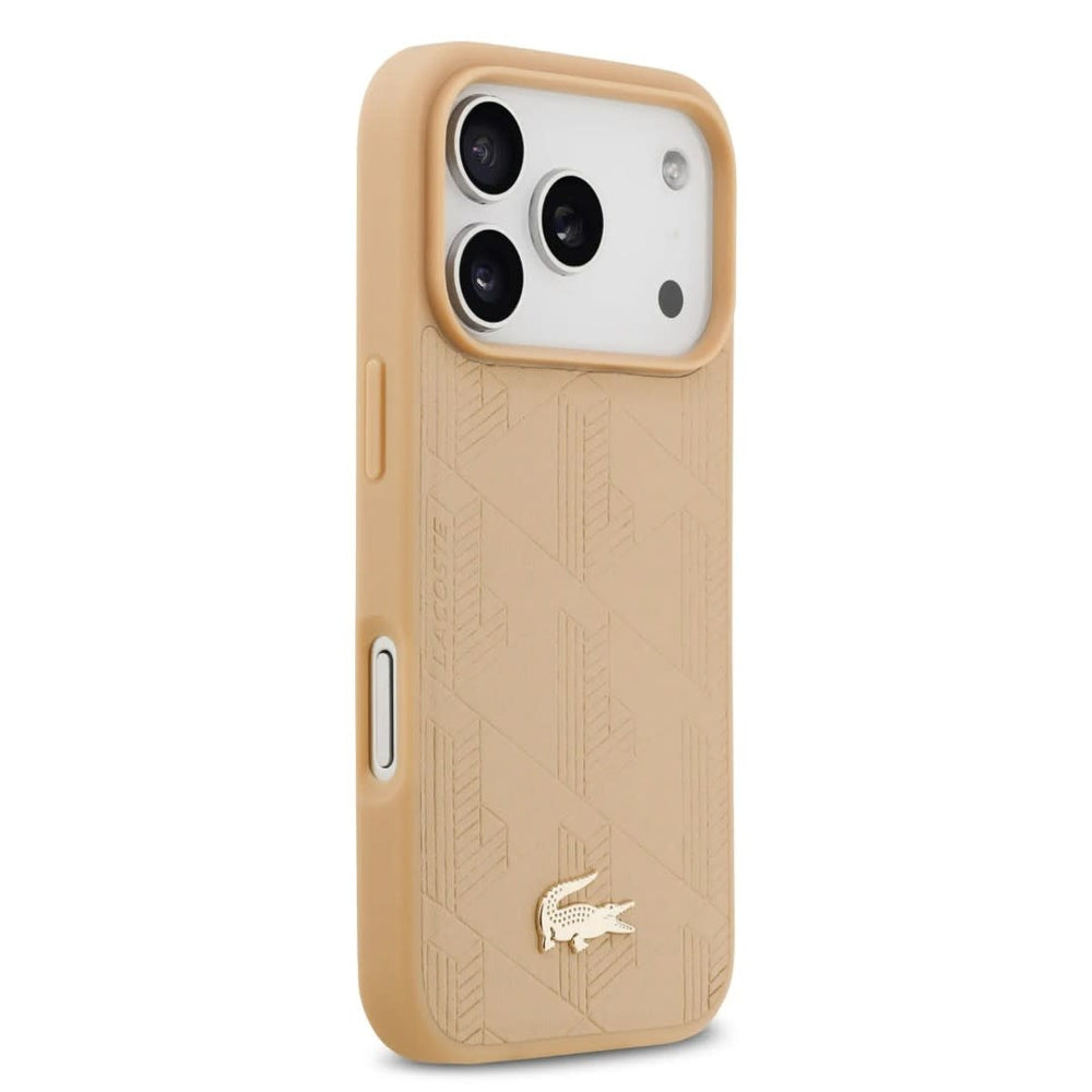 Lacoste iPhone 17 Pro Max Backcover hoesje - MagSafe - Monogramme Print With Gold Logo - Beige-Hoesjes-Ilumina Benelux