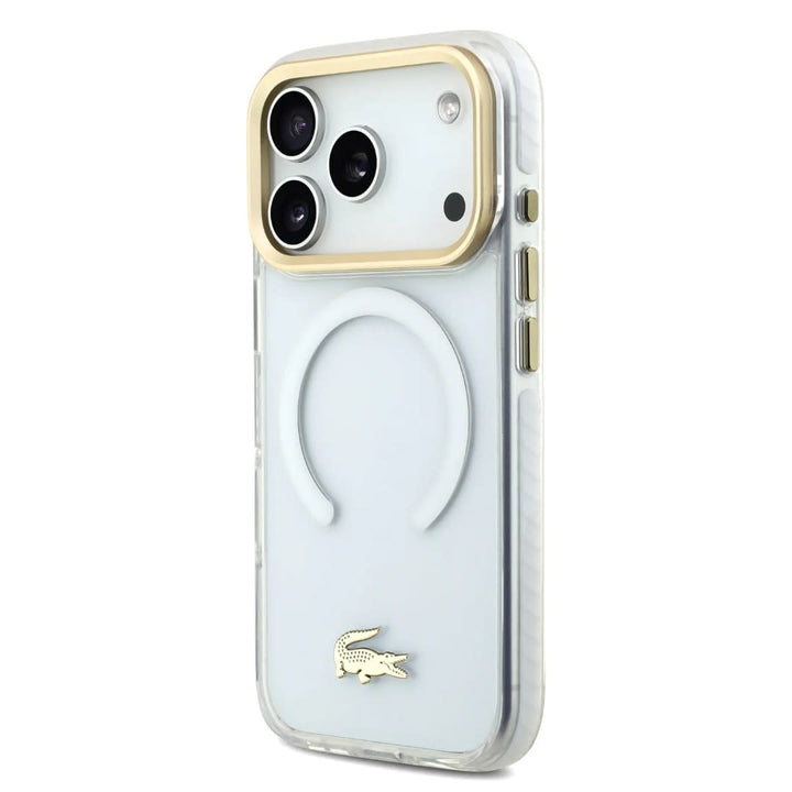 Lacoste iPhone 17 Pro Max Backcover hoesje - MagSafe - Transparent Case With Frosted Finish - Gold Edge - Wit-Hoesjes-Ilumina Benelux