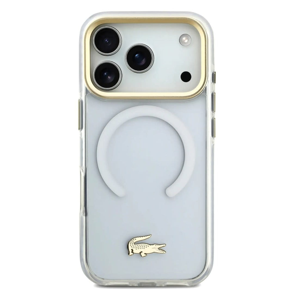 Lacoste iPhone 17 Pro Max Backcover hoesje - MagSafe - Transparent Case With Frosted Finish - Gold Edge - Wit-Hoesjes-Ilumina Benelux
