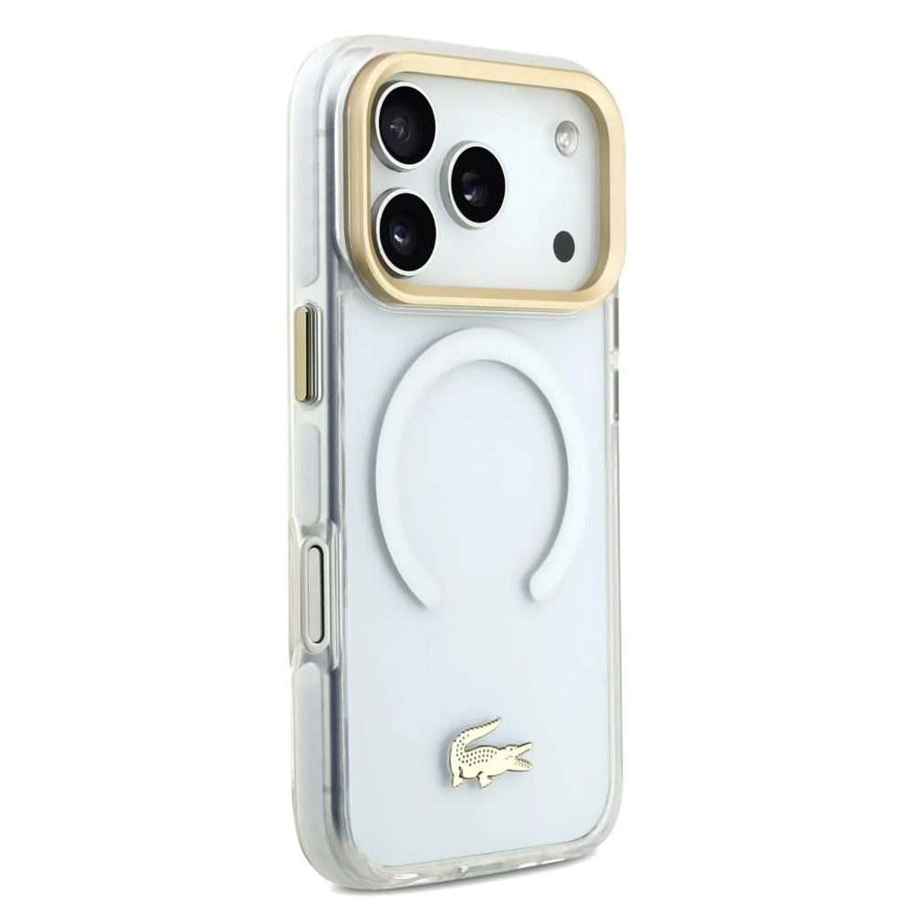 Lacoste iPhone 17 Pro Max Backcover hoesje - MagSafe - Transparent Case With Frosted Finish - Gold Edge - Wit-Hoesjes-Ilumina Benelux