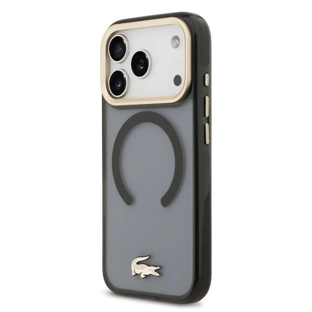 Lacoste iPhone 17 Pro Max Backcover hoesje - MagSafe - Transparent Case With Frosted Finish - Gold Edge - Zwart-Hoesjes-Ilumina Benelux