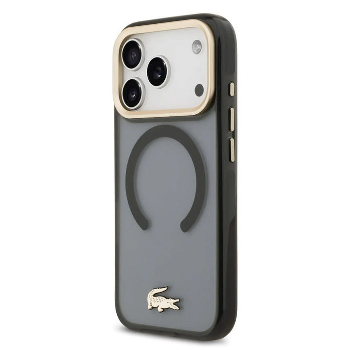 Lacoste iPhone 17 Pro Max Backcover hoesje - MagSafe - Transparent Case With Frosted Finish - Gold Edge - Zwart-Hoesjes-Ilumina Benelux