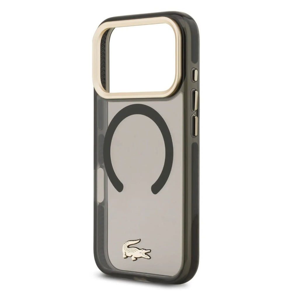 Lacoste iPhone 17 Pro Max Backcover hoesje - MagSafe - Transparent Case With Frosted Finish - Gold Edge - Zwart-Hoesjes-Ilumina Benelux