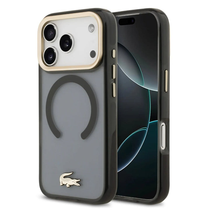 Lacoste iPhone 17 Pro Max Backcover hoesje - MagSafe - Transparent Case With Frosted Finish - Gold Edge - Zwart-Hoesjes-Ilumina Benelux