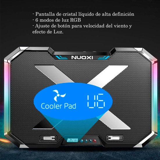 Laptop koeler – Cooling pad 6 ventilatoren – RGB LED & LCD-scherm – Verstelbaar – 12-17 inch – USB powered – Zwart-Laptopkoelers-Ilumina Benelux
