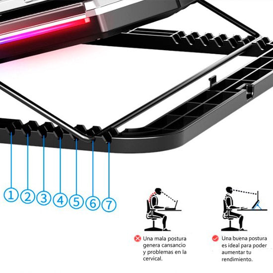 Laptop koeler – Cooling pad 6 ventilatoren – RGB LED & LCD-scherm – Verstelbaar – 12-17 inch – USB powered – Zwart-Laptopkoelers-Ilumina Benelux