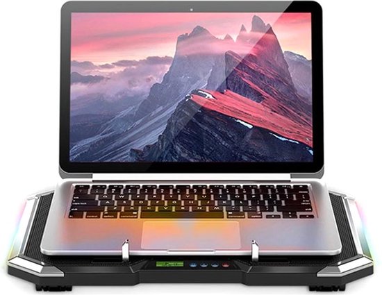 Laptop koeler – Cooling pad 6 ventilatoren – RGB LED & LCD-scherm – Verstelbaar – 12-17 inch – USB powered – Zwart-Laptopkoelers-Ilumina Benelux