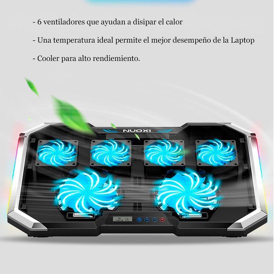 Laptop koeler – Cooling pad 6 ventilatoren – RGB LED & LCD-scherm – Verstelbaar – 12-17 inch – USB powered – Zwart-Laptopkoelers-Ilumina Benelux