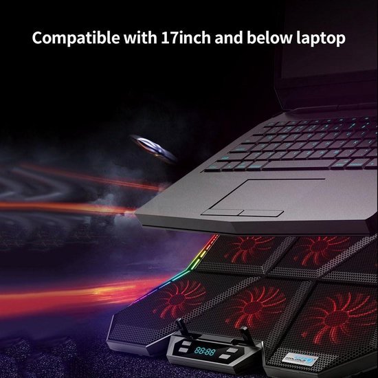 Laptop koeler – Cooling pad met 6 ventilatoren – 12 RGB lichteffecten – 7 hoogtestanden – Voor laptops t/m 17 inch – Zwart-Laptopkoelers-Ilumina Benelux