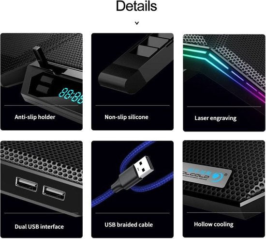 Laptop koeler – Cooling pad met 6 ventilatoren – 12 RGB lichteffecten – 7 hoogtestanden – Voor laptops t/m 17 inch – Zwart-Laptopkoelers-Ilumina Benelux