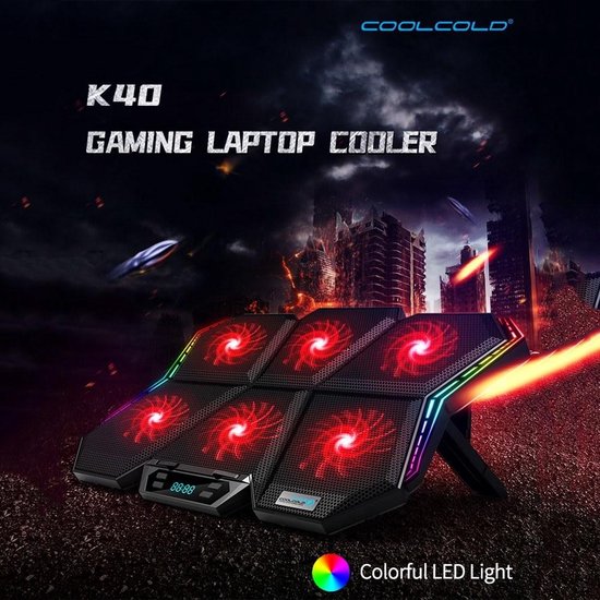 Laptop koeler – Cooling pad met 6 ventilatoren – 12 RGB lichteffecten – 7 hoogtestanden – Voor laptops t/m 17 inch – Zwart-Laptopkoelers-Ilumina Benelux