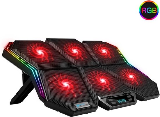 Laptop koeler – Cooling pad met 6 ventilatoren – 12 RGB lichteffecten – 7 hoogtestanden – Voor laptops t/m 17 inch – Zwart-Laptopkoelers-Ilumina Benelux