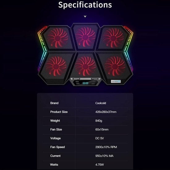 Laptop koeler – Cooling pad met 6 ventilatoren – 12 RGB lichteffecten – 7 hoogtestanden – Voor laptops t/m 17 inch – Zwart-Laptopkoelers-Ilumina Benelux