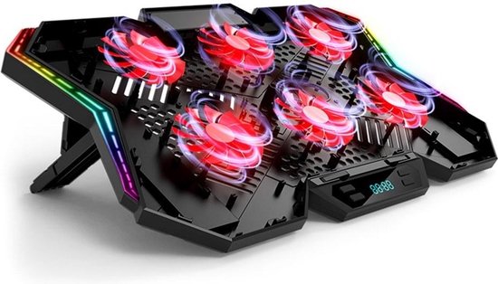 Laptop koeler – Cooling pad met 6 ventilatoren – 12 RGB lichteffecten – 7 hoogtestanden – Voor laptops t/m 17 inch – Zwart-Laptopkoelers-Ilumina Benelux