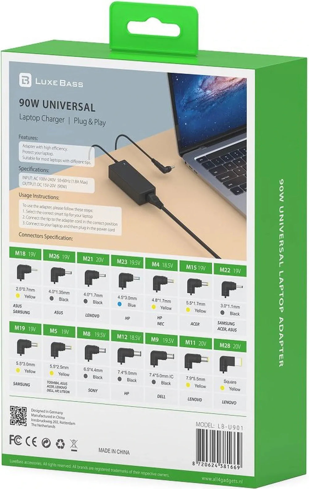 Laptop oplader adapter – Universeel 45W/65W/90W – Geschikt voor Asus Acer HP Dell Lenovo Samsung Sony – Zwart-Voedingsadapter-Ilumina Benelux