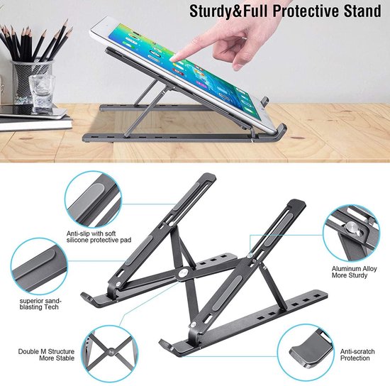 Laptop standaard – Verstelbaar aluminium – Opvouwbaar & draagbaar – Geschikt voor 10-15,6 inch laptops/tablets – Zilver-Notebookstandaard-Ilumina Benelux