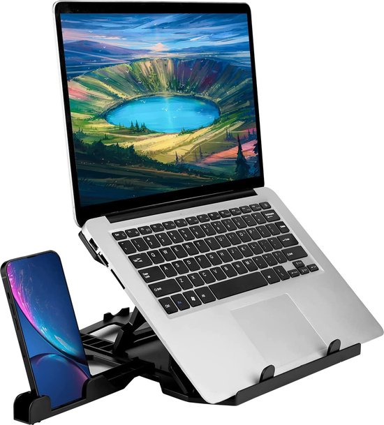 Zwarte laptopstandaard met telefoonsteun, laptop en smartphone